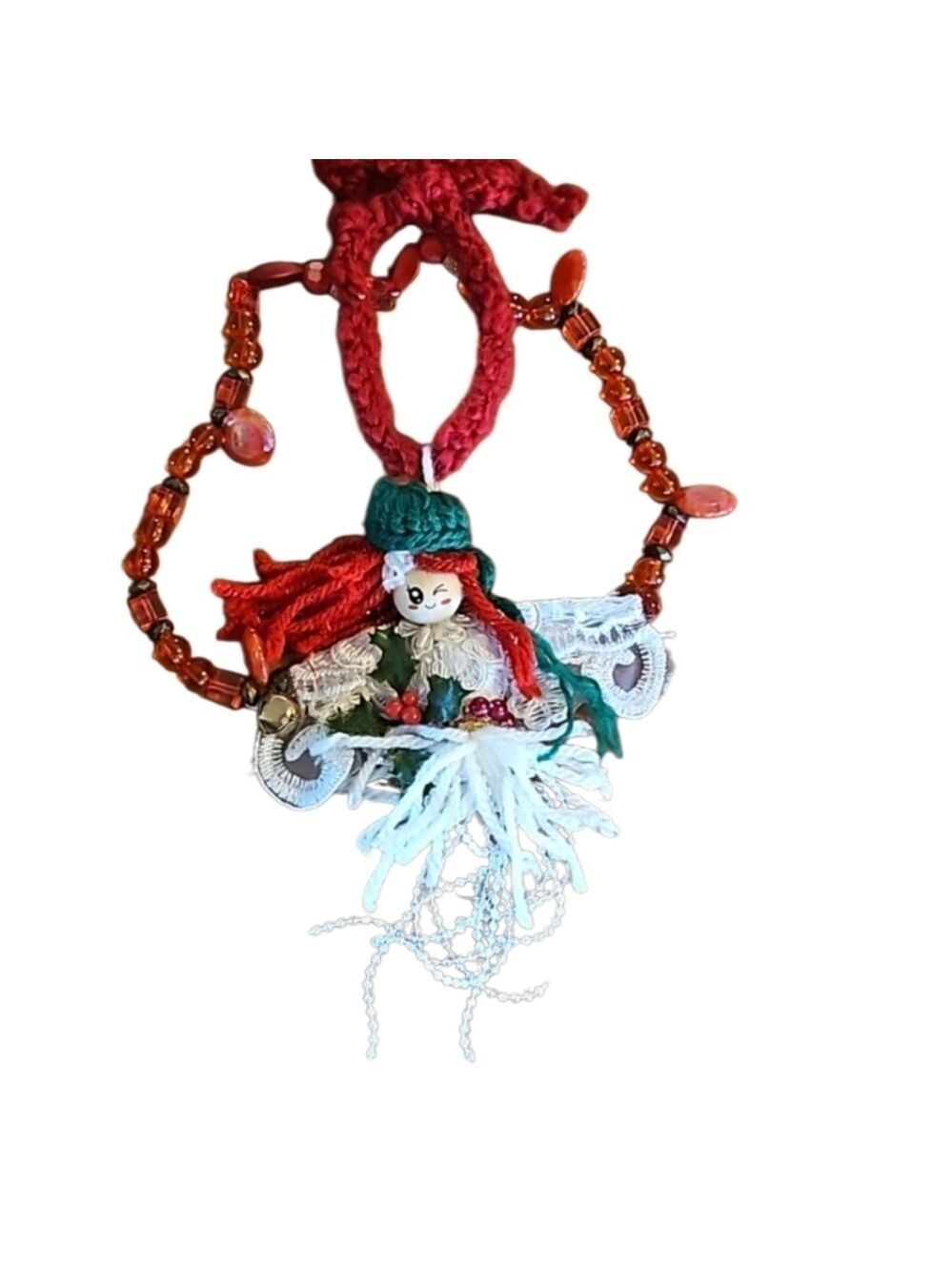 Hand Crafted Crochet Angel Handmade Christmas ornament Upcycled beads white gift